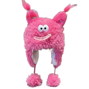 Chapeau de monstre en peluche rose pour femmes avec fourrure longue et grands yeux mignons