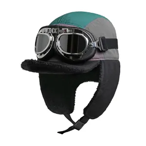 Detail of pilot winter hat with retro goggles, thick fleece lining and ear flaps