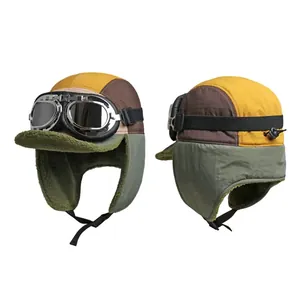 Winter aviator trapper hat with goggles and thermal ear flaps in color block design