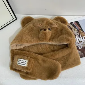 Brown plush bear ear hooded scarf set with warm thick faux fur for winter outdoor use