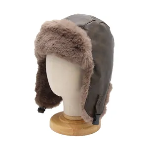 Brown faux leather aviator hat with thick plush lining and ear flaps for winter