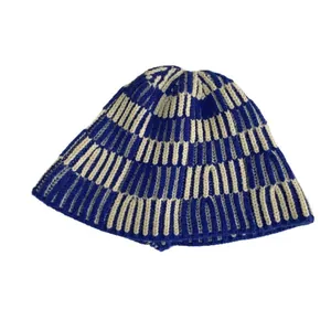 Women's autumn knit striped bucket hat in navy and beige yarn with soft ribbed texture