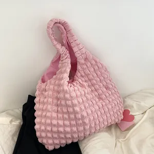 Women Fashion Popcorn Bubble Texture Tote Bag Large Capacity Pleated Shoulder Bag Casual Fabric Handbag For Daily Shopping