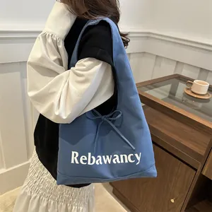 Sac cabas bleu en toile avec imprimé Rebawancy et détail de nœud pour femmes