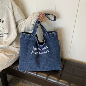 Women Vintage Denim Tote Bag Large Capacity Shoulder Bag With Less Mondays More Sundays Embroidery Slogan Student School Bag Casual Wash Denim Handbag