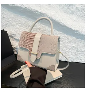 Detailed view of textured crocodile pattern on light grey handbag with gold hardware
