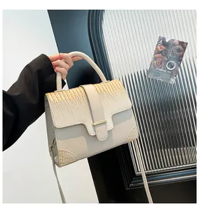 Detailed view of crocodile pattern texture and golden hardware on small ivory handbag