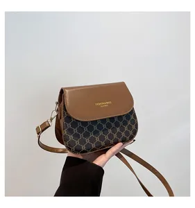 Close-up of vintage brown monogram pattern canvas and gold buckle on stylish bag