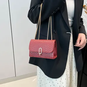 Petit sac carré rouge foncé à texture tissée et bandoulière chaîne dorée pour femmes