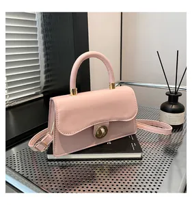 Detail of pink leather handbag with gold twist lock on luxury book in indoor setting