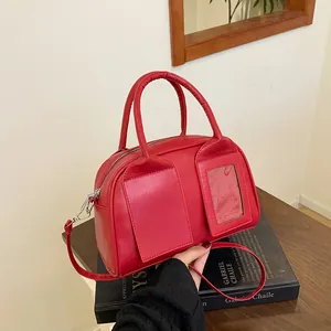 Damen Retro Boston Tasche PU Leder Schultertasche Mit Transparentem Kartenfach Modische Tägliche Umhängetasche Handtasche