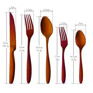Modern 5-piece matte copper stainless steel cutlery set with precise dimensions and weights
