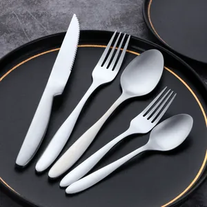 Close-up of 5-piece matte silver stainless steel cutlery set on a black ceramic plate