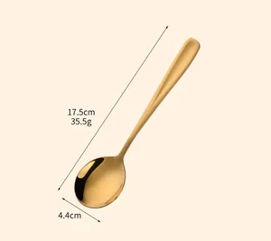 Golden stainless steel soup spoon measuring 17.5cm in length and 35.5g in weight