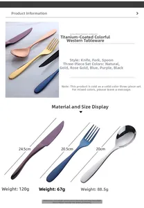 Detailed size chart for 304 stainless steel steak cutlery set including knife fork and spoon