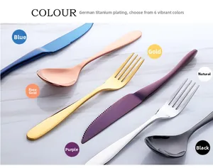 Flat lay view of 304 stainless steel cutlery set showing six colorful titanium finishes