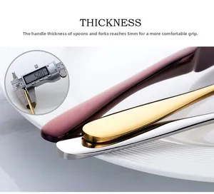 Detail of 5mm thickened handles on stainless steel spoons and forks in three colors