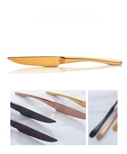 Vertical dinner knife standing upright with serrated edge and polished finish