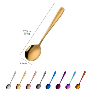 Polished stainless steel round soup spoon set in 8 colors with 17.5cm long handle design
