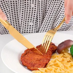Golden 304 stainless steel steak knife and fork set on a white plate with meal