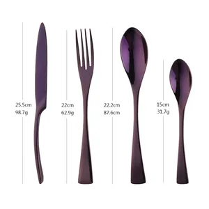 4-piece purple stainless steel cutlery set showing precise dimensions and weight specs