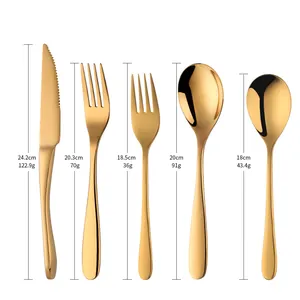 Five-piece matte gold 304 stainless steel cutlery set with size and weight specs