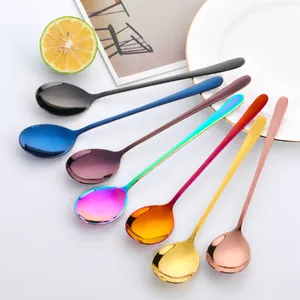 Cuchara de Mango Largo de Acero Inoxidable 410 Estilo Coreano Pulido Espejo Chapado en Titanio para Postre Sopa