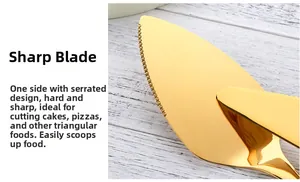 Macro shot of sharp serrated edge on gold stainless steel cake and pizza server