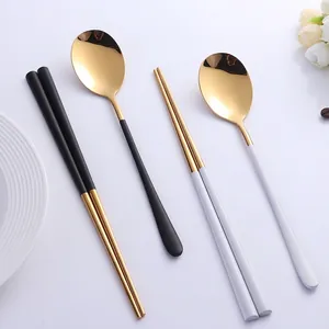 Vaisselle Portable Minimaliste Moderne en Acier Inoxydable Cuillère et Baguettes Polies Miroir Ustensiles de Cuisine Nordiques pour Voyage Pique-Nique Adulte