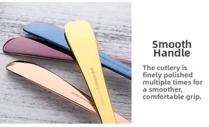 Macro detail of ergonomic round handles on colorful 18/10 stainless steel butter knives