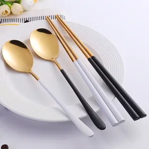 Set de voyage cuillère et baguettes en acier inoxydable en noir et blanc doré