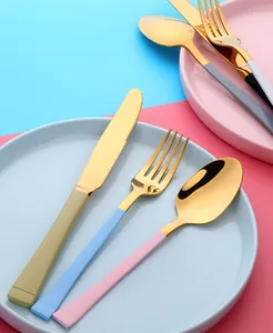 Gros plan sur l'ensemble de couverts en inox doré avec manches mats colorés sur assiettes