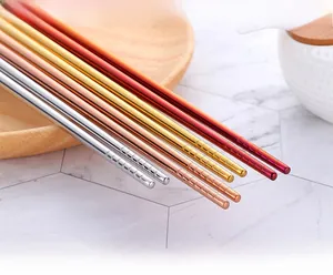 Detail showing non-slip screw thread design on colorful 304 stainless steel chopsticks