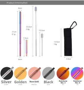 Detailed specs of telescopic stainless steel straw set with cleaning brushes and travel pouch