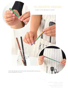 Detail of telescopic stainless steel straws in rainbow, black and bronze colors