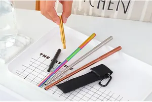 Macro view of five-color telescopic stainless steel straws with a portable carry pouch