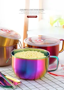 Close-up of 304 stainless steel insulated ramen bowl with lid and metal spoon set