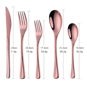 Set de 5 couverts en acier inoxydable or rose avec dimensions détaillées pour chaque pièce