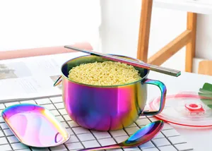 Macro detail of iridescent 304 stainless steel noodle bowl set with lid and utensils