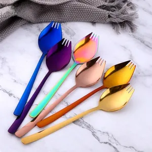 Set of 6 colorful 304 stainless steel sporks with polished finish on marble surface