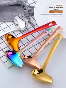Detailed view of 304 stainless steel oil ladles with spout in various metallic colors