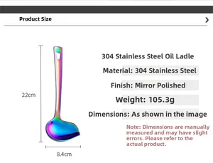 Detailed size chart for the 304 stainless steel oil ladle with rainbow mirror finish
