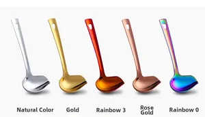 Detail of 304 stainless steel sauce ladles with side spout and five plating color options