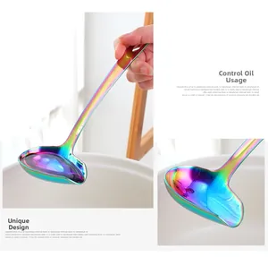 Close-up of rainbow plated 304 stainless steel oil spoon with precise pouring spout