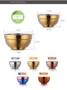 Detailed dimensions of double-layered SUS304 stainless steel bowls in various colors