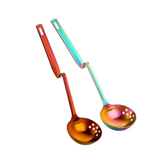 Set de louche et écumoire en acier inox 304 arc-en-ciel avec poignée courbée en forme de S