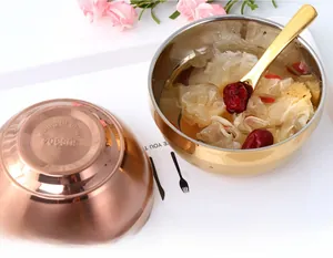 Detail of double-walled SUS304 stainless steel bowl with gold finish and matching spoon