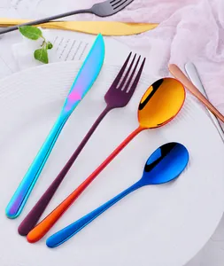 Macro detail of iridescent 304 stainless steel cutlery set with rainbow gradient finish
