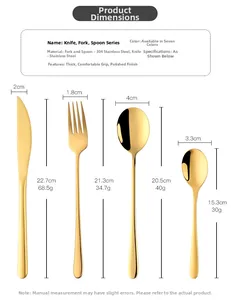 Detailed size chart for 304 stainless steel gold cutlery set with weight and dimensions