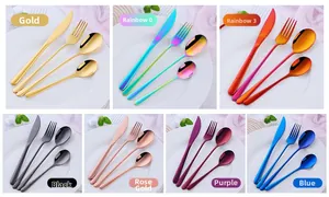 Seven sets of 304 stainless steel cutlery in gold, black, rose gold, blue, and iridescent finishes